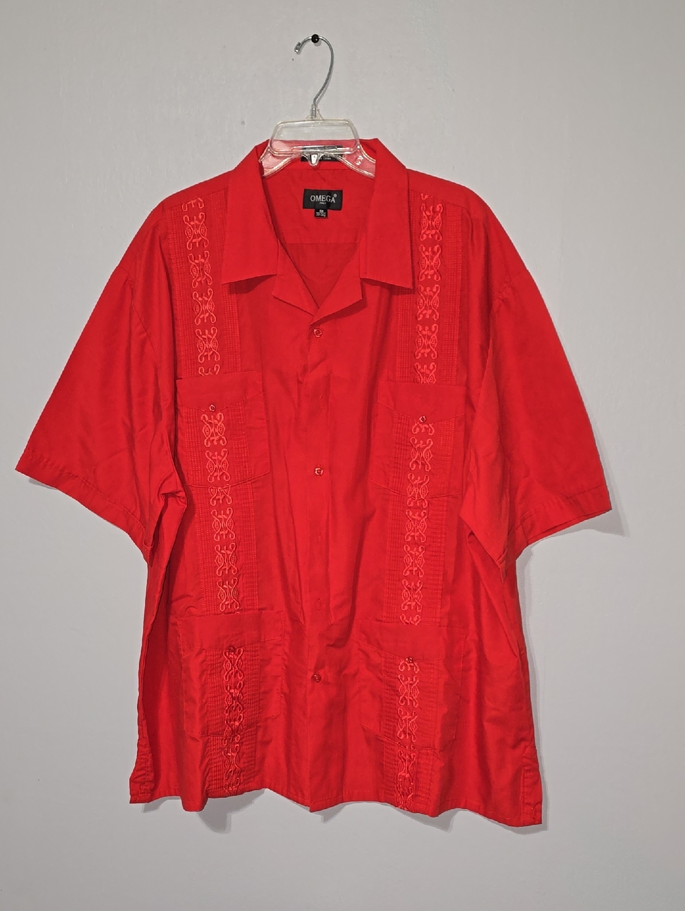Omega Bright Red Embroidered Cuban Shirt
